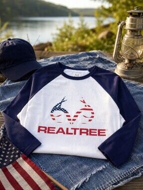NWT Realtree Youth Medium 8-9 Patriotic Flag Logo Raglan T-Shirt Boys Americana